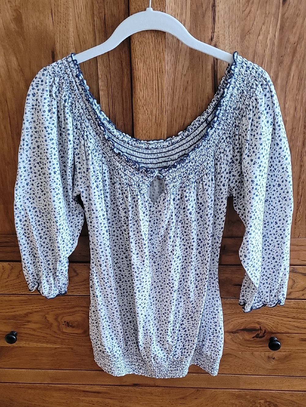 100% Cotton Lucky Brand White and Navy Smocked Peasant Blouse